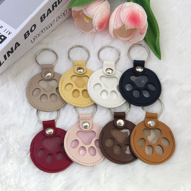 Round Paw Print Pet Hair Memorial Keychain, Leather Keepsake Charm for Dog & Cat Fur Storage—Dark Brown