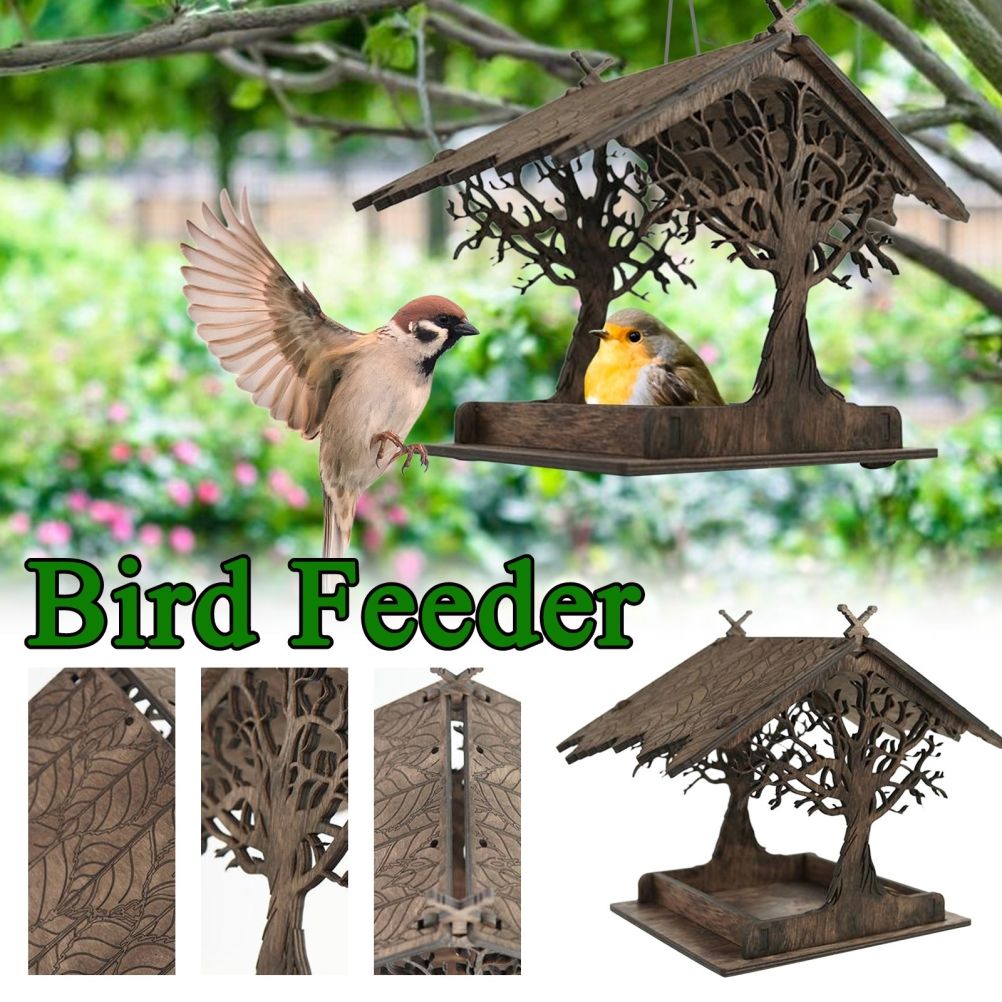 Wooden Bird Feeder Hanging Seed Container Tray for Wild Birds Home Garden Yard Tree Decoration