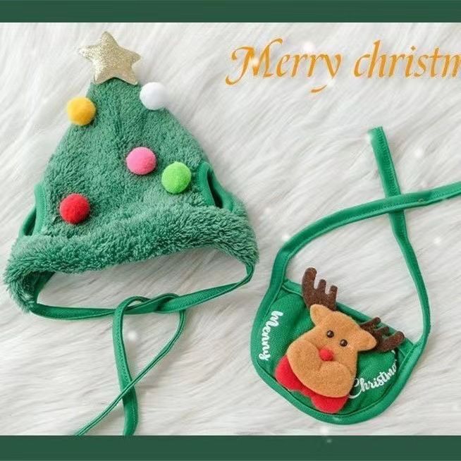 Pet Bib Santa Hat Green Elk Polyester White Elk Hat Average Size