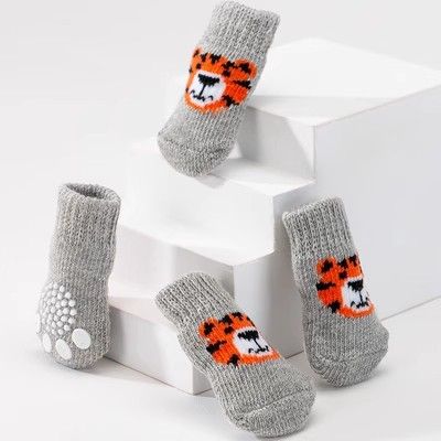 Foot art mouse Pet Socks Cartoon Anti Slip Gray Tiger L [recommended foot width is about 4.5] 6-11kg within