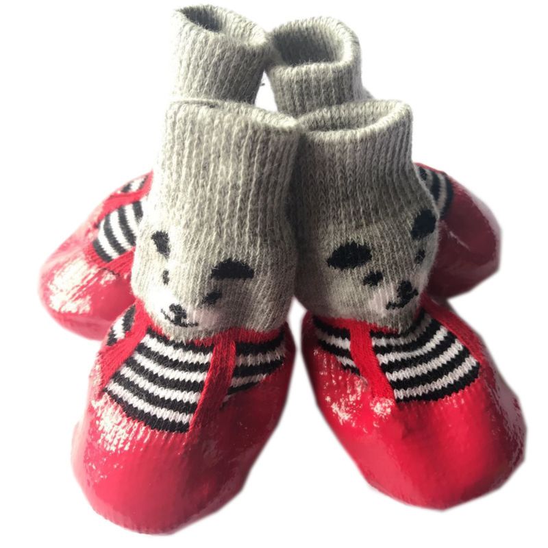 Rubber Dog Shoes Waterproof Anti Slip Red bear shoes S small size comes with 4 straps. it is recommended that the shoe width is 3cm within 1.5kg
