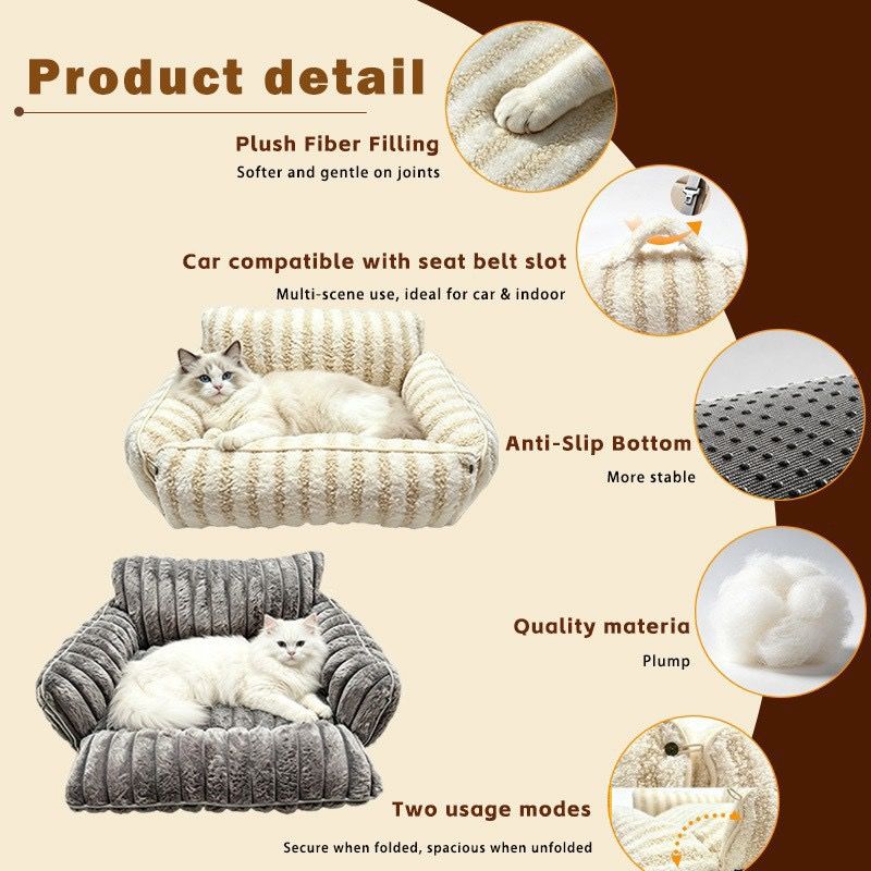 Cozy Foldable Pet Sofa Bed with Plush Sherpa Fleece – A Portable, Warm Retreat for Cats and Small Dogs Perfect for Nap Time, Travel, and Living Room Lounging (Grey)