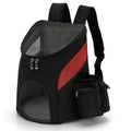 Comfortable hands-free pet carrier backpack with breathable mesh panels and padded shoulder straps, perfect for carrying small dogs and cats on walks, travel, and outdoor adventures while keeping your furry friend close and secure. (L, Black&Red)