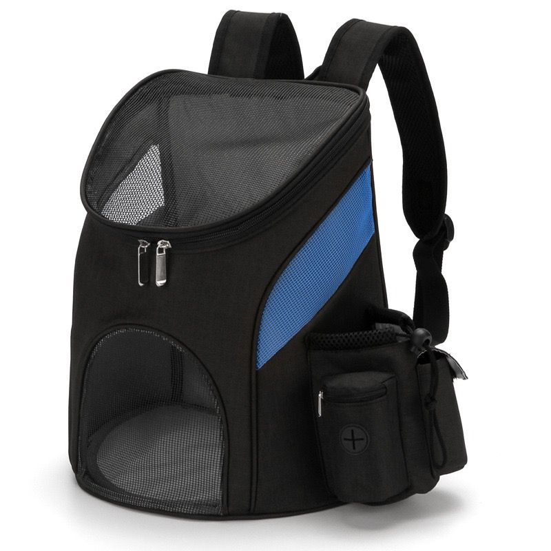 Comfortable hands-free pet carrier backpack with breathable mesh panels and padded shoulder straps, perfect for carrying small dogs and cats on walks, travel, and outdoor adventures while keeping your furry friend close and secure. (S, Black&Blue)