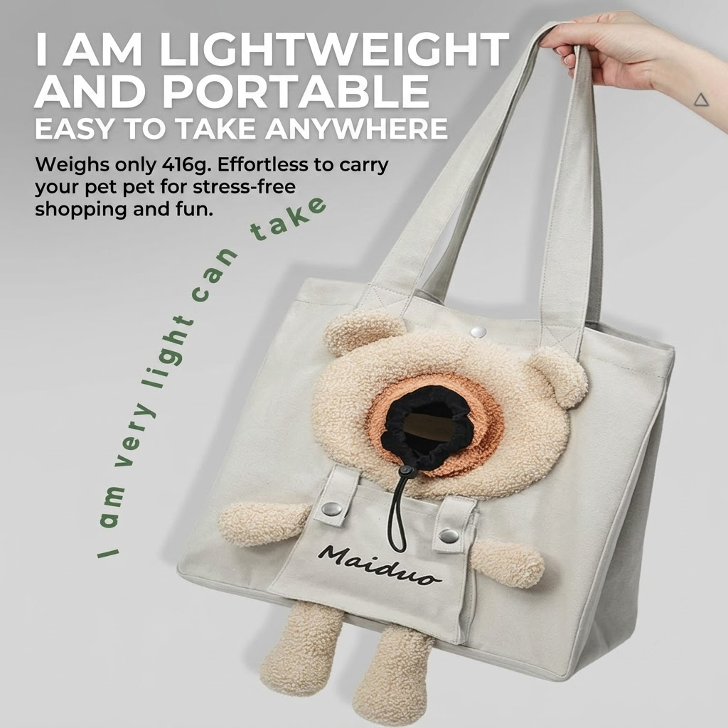Adorable Bear-Shaped Pet Carrier Tote Bag – Lightweight, Breathable, and Portable Shoulder Bag for Cats and Small Dogs, Perfect for All-Season Daily Outings, Shopping, and Short Trips (LightGrey)