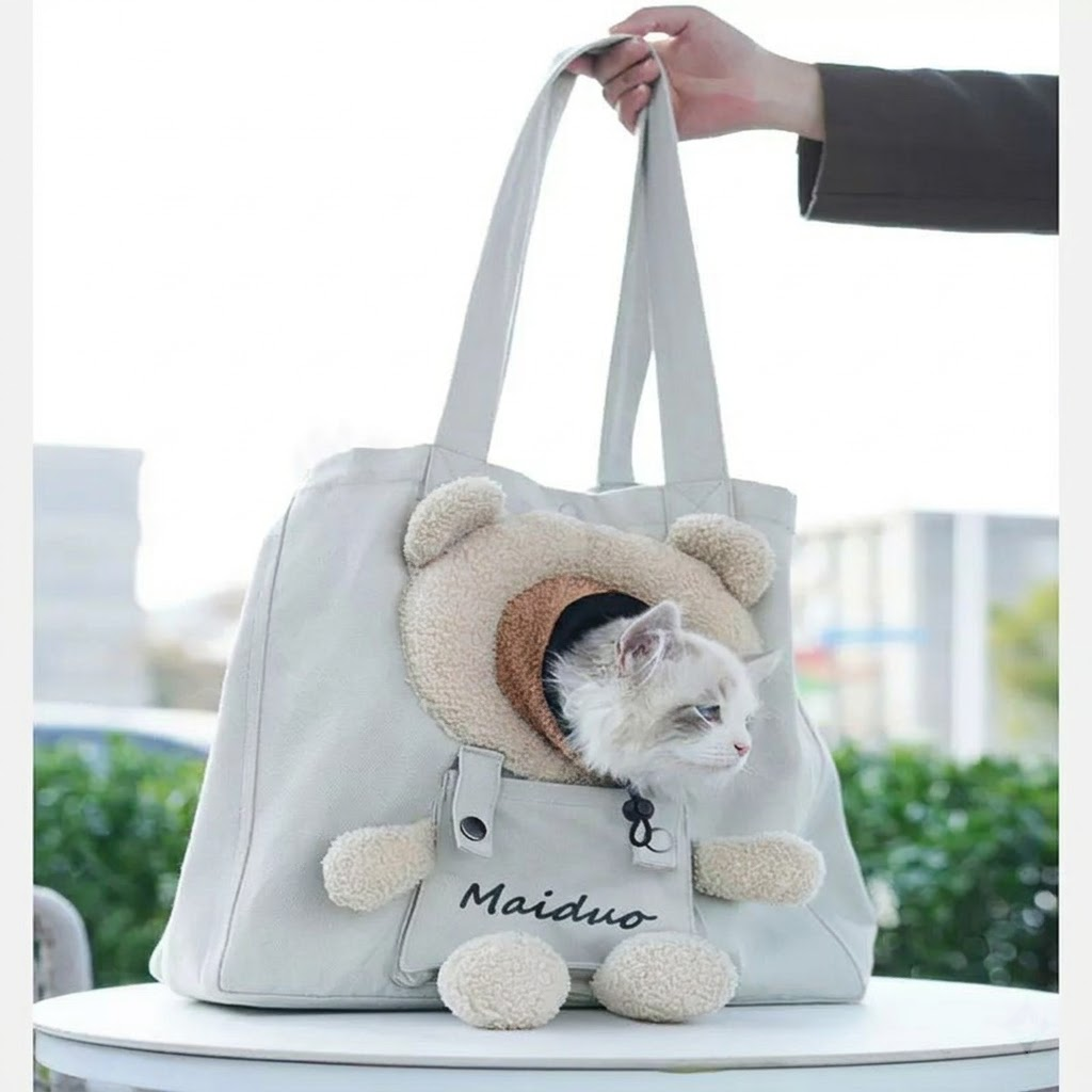 Adorable Bear-Shaped Pet Carrier Tote Bag – Lightweight, Breathable, and Portable Shoulder Bag for Cats and Small Dogs, Perfect for All-Season Daily Outings, Shopping, and Short Trips (LightGrey)