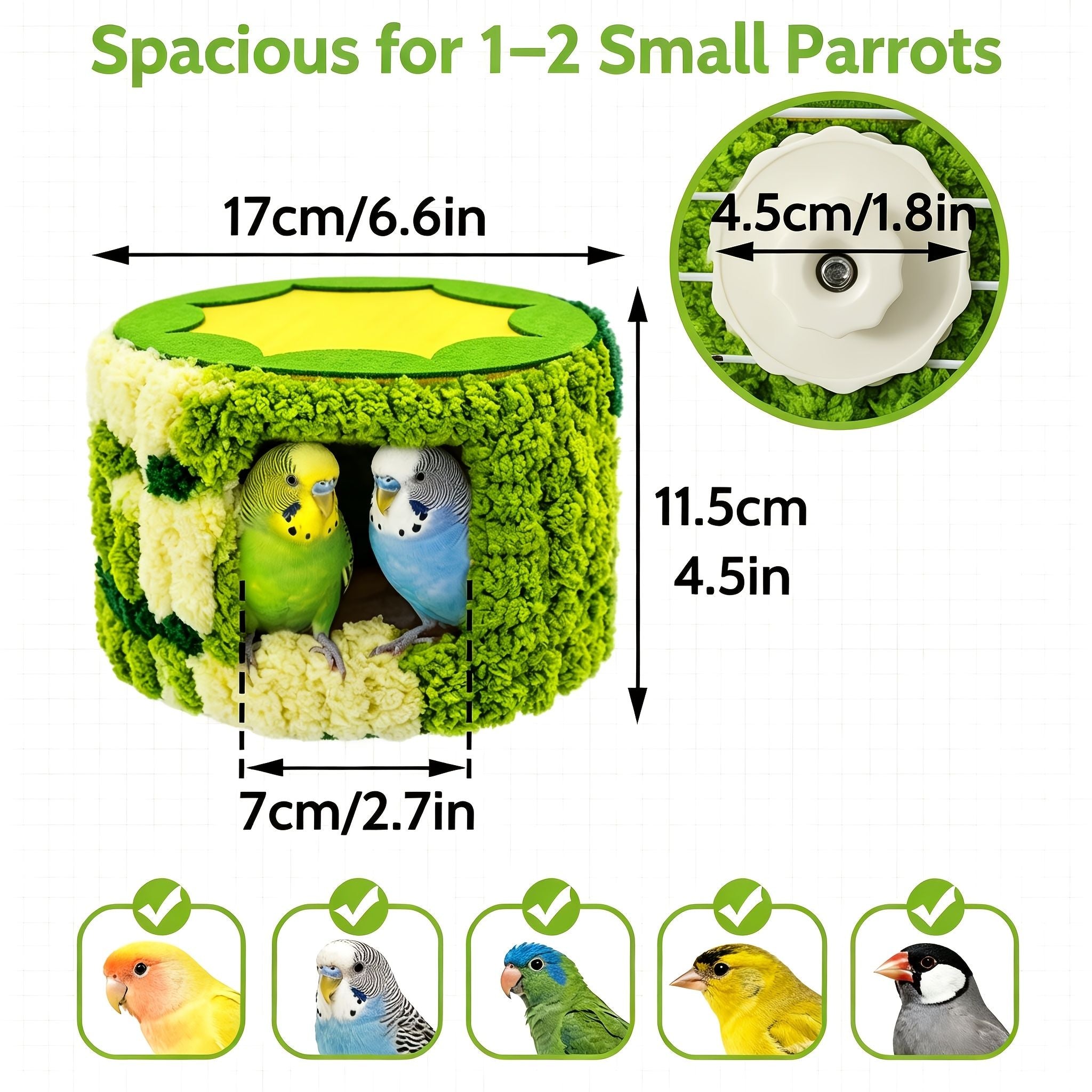 Cozy Hanging Bird Nest for Small Parrots – Warm, Soft, and Secure Hideaway with Removable Pad, Perfect for Budgies, Lovebirds, and Conures in Winter or Stress Relief (Green)
