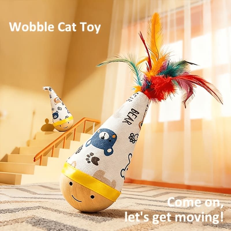 Interactive Wobble Cat Toy with Feathers and Wooden Base – Durable, Self-Righting Design for Endless Play, Exercise, and Entertainment for All Cat Breeds and Sizes (Feather, Red)