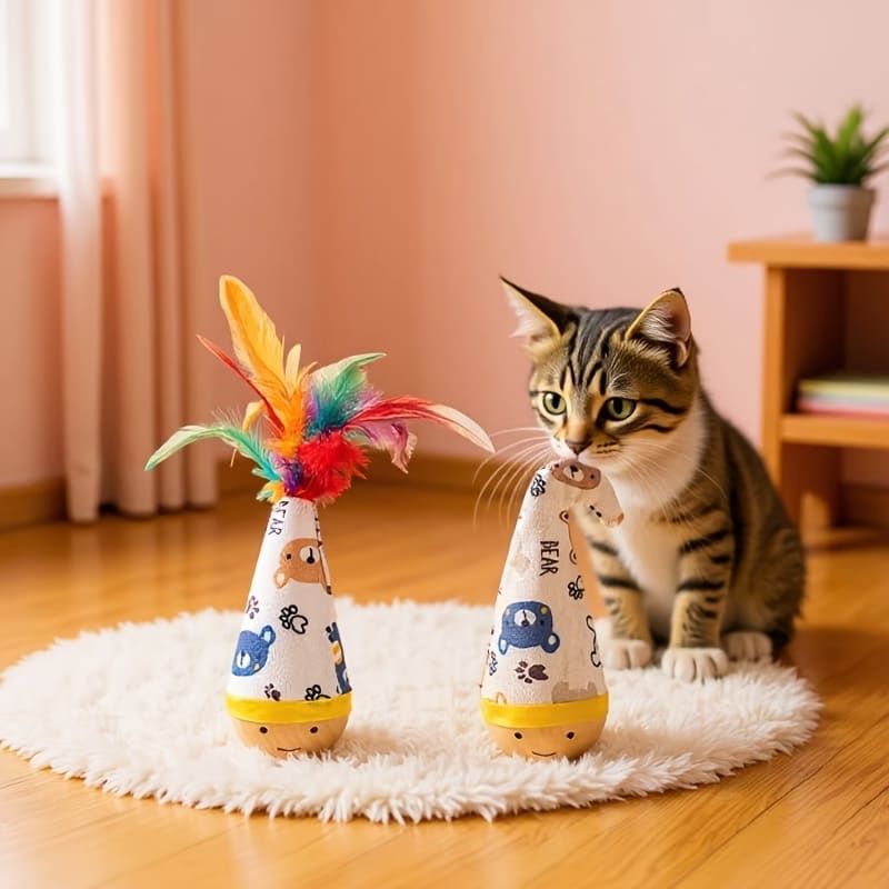 Interactive Wobble Cat Toy with Feathers and Wooden Base – Durable, Self-Righting Design for Endless Play, Exercise, and Entertainment for All Cat Breeds and Sizes (Feather, Red)