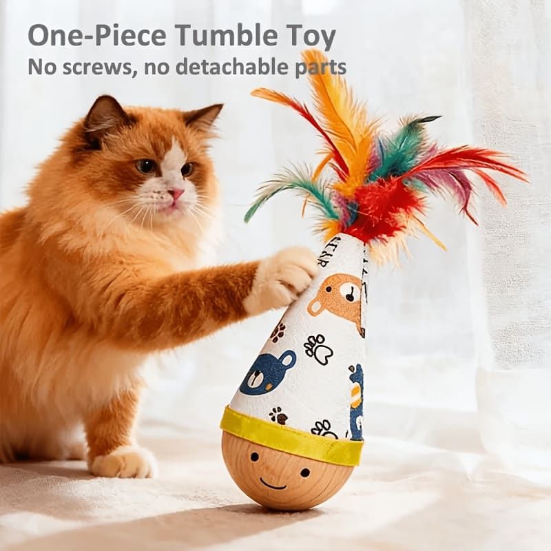 Interactive Wobble Cat Toy with Feathers and Wooden Base – Durable, Self-Righting Design for Endless Play, Exercise, and Entertainment for All Cat Breeds and Sizes (Feather, Red)