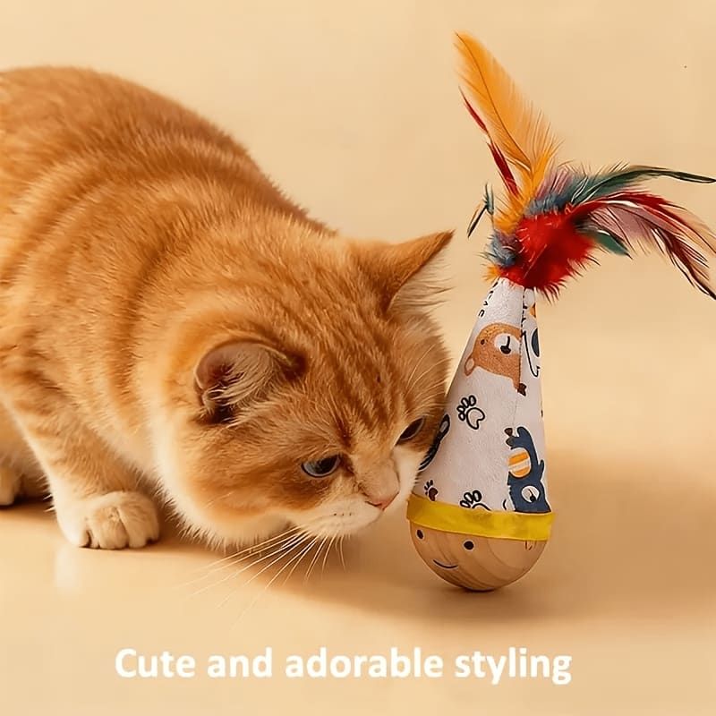 Interactive Wobble Cat Toy with Feathers and Wooden Base – Durable, Self-Righting Design for Endless Play, Exercise, and Entertainment for All Cat Breeds and Sizes (Feather, Red)