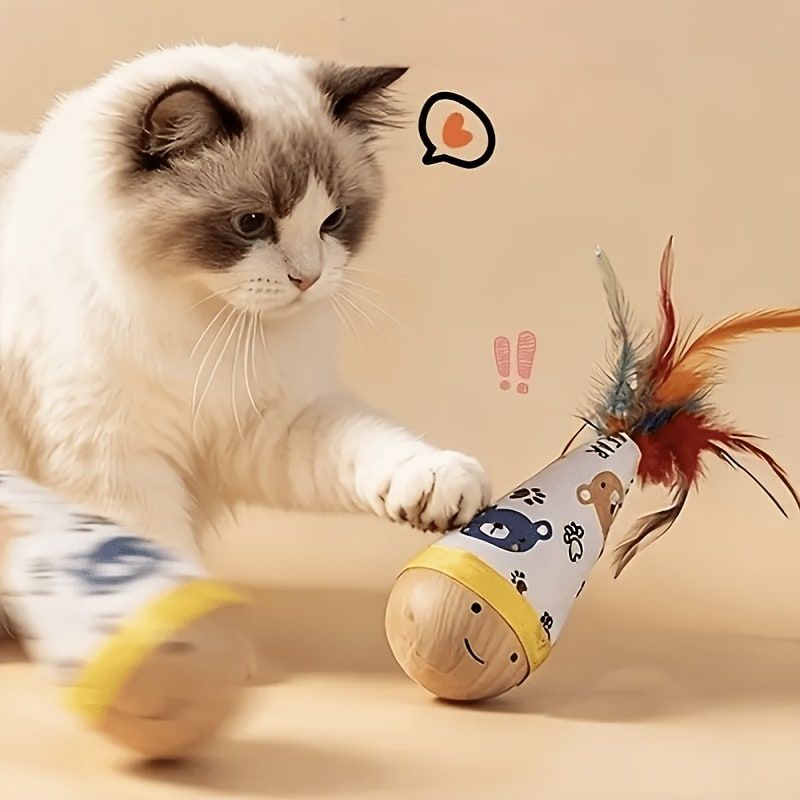 Interactive Wobble Cat Toy with Feathers and Wooden Base – Durable, Self-Righting Design for Endless Play, Exercise, and Entertainment for All Cat Breeds and Sizes (Feather, Red)