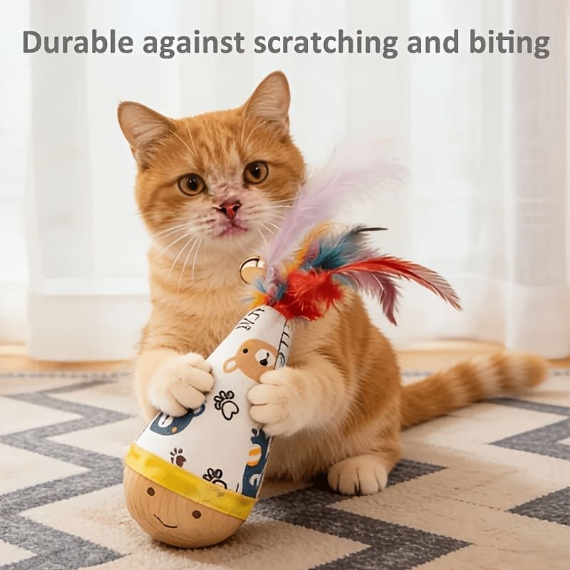 Interactive Wobble Cat Toy with Feathers and Wooden Base – Durable, Self-Righting Design for Endless Play, Exercise, and Entertainment for All Cat Breeds and Sizes (Feather, Red)