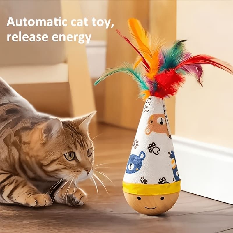 Interactive Wobble Cat Toy with Feathers and Wooden Base – Durable, Self-Righting Design for Endless Play, Exercise, and Entertainment for All Cat Breeds and Sizes (Feather, Red)