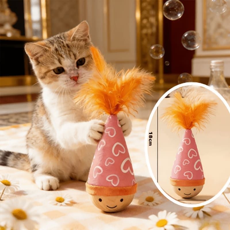 Interactive Wobble Cat Toy with Feathers and Wooden Base – Durable, Self-Righting Design for Endless Play, Exercise, and Entertainment for All Cat Breeds and Sizes (NoFeather, Purple)