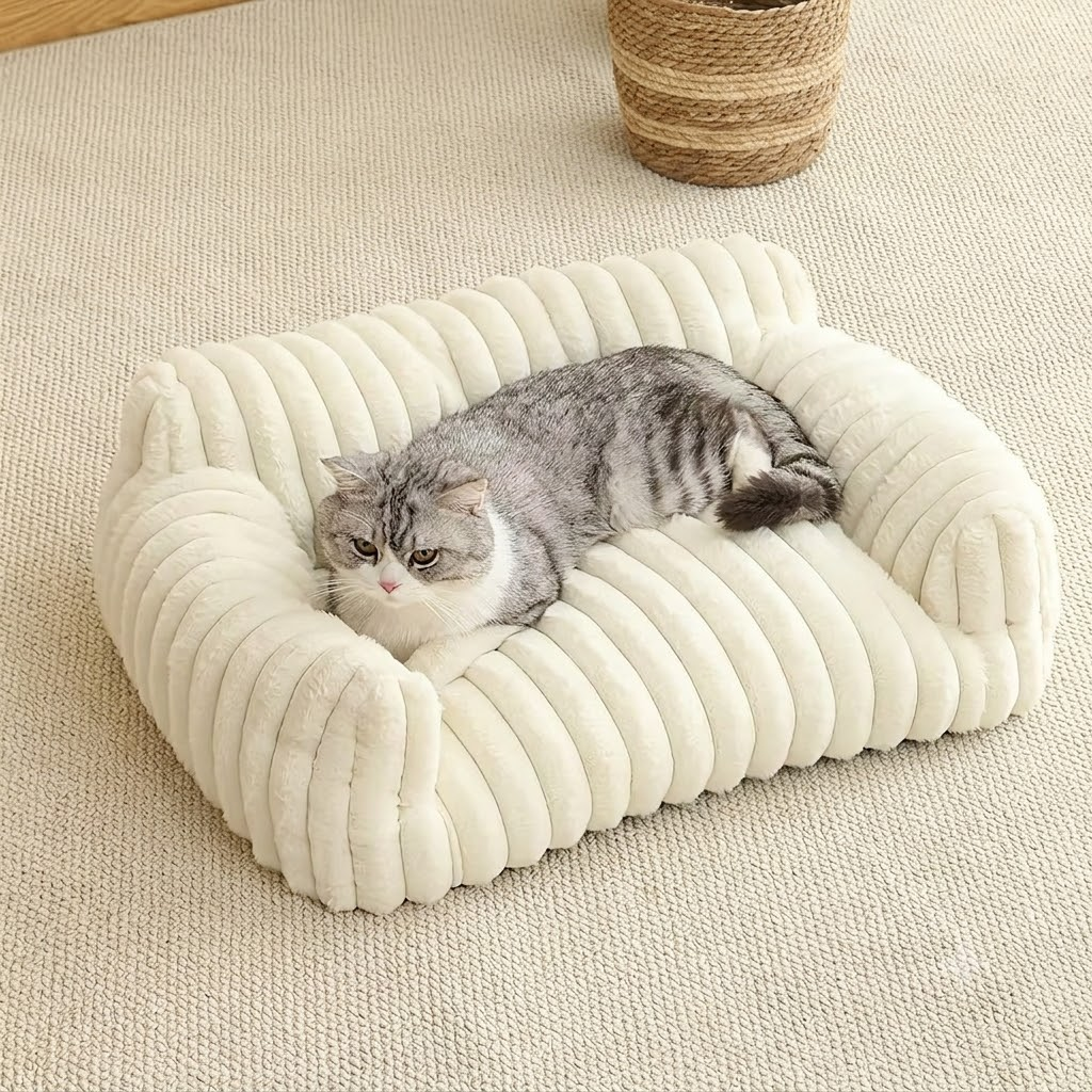 Luxurious Faux Rabbit Fur Plush Pet Sofa Bed with Bolster Sides, Removable Washable Cover and Deep Cushion for Cats and Small Dogs Seeking Ultimate Napping Comfort (L（90*65*20cm）, Pink)