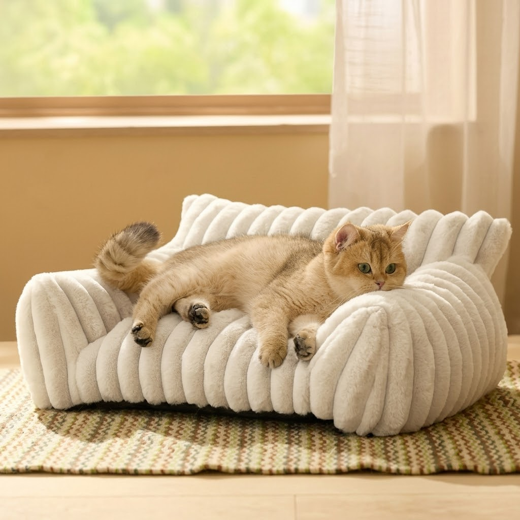 Luxurious Faux Rabbit Fur Plush Pet Sofa Bed with Bolster Sides, Removable Washable Cover and Deep Cushion for Cats and Small Dogs Seeking Ultimate Napping Comfort (S（60*45*20cm）, Pink)