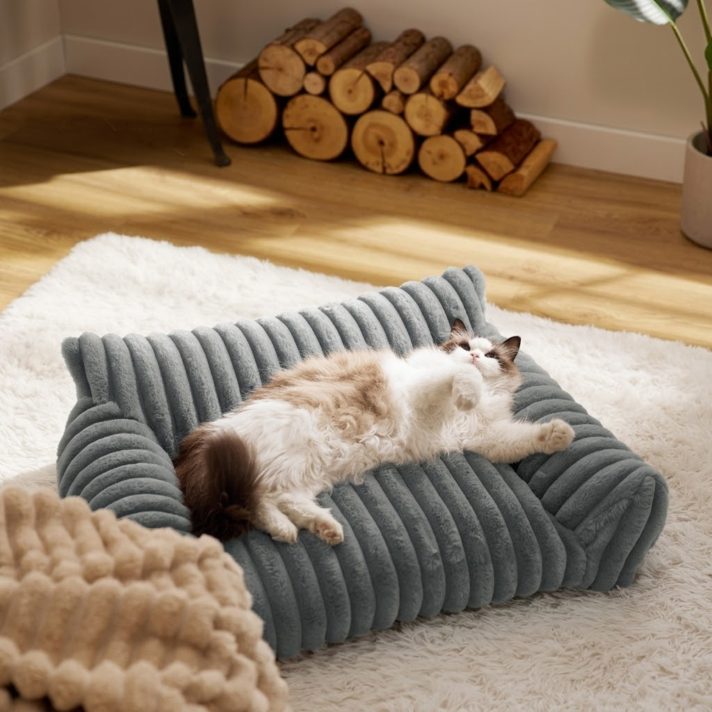 Luxurious Faux Rabbit Fur Plush Pet Sofa Bed with Bolster Sides, Removable Washable Cover and Deep Cushion for Cats and Small Dogs Seeking Ultimate Napping Comfort (S（60*45*20cm）, Grey)