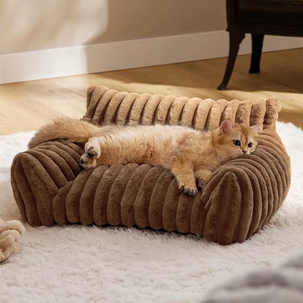 Luxurious Faux Rabbit Fur Plush Pet Sofa Bed with Bolster Sides, Removable Washable Cover and Deep Cushion for Cats and Small Dogs Seeking Ultimate Napping Comfort (XXS（40*30*16cm）, Brown)