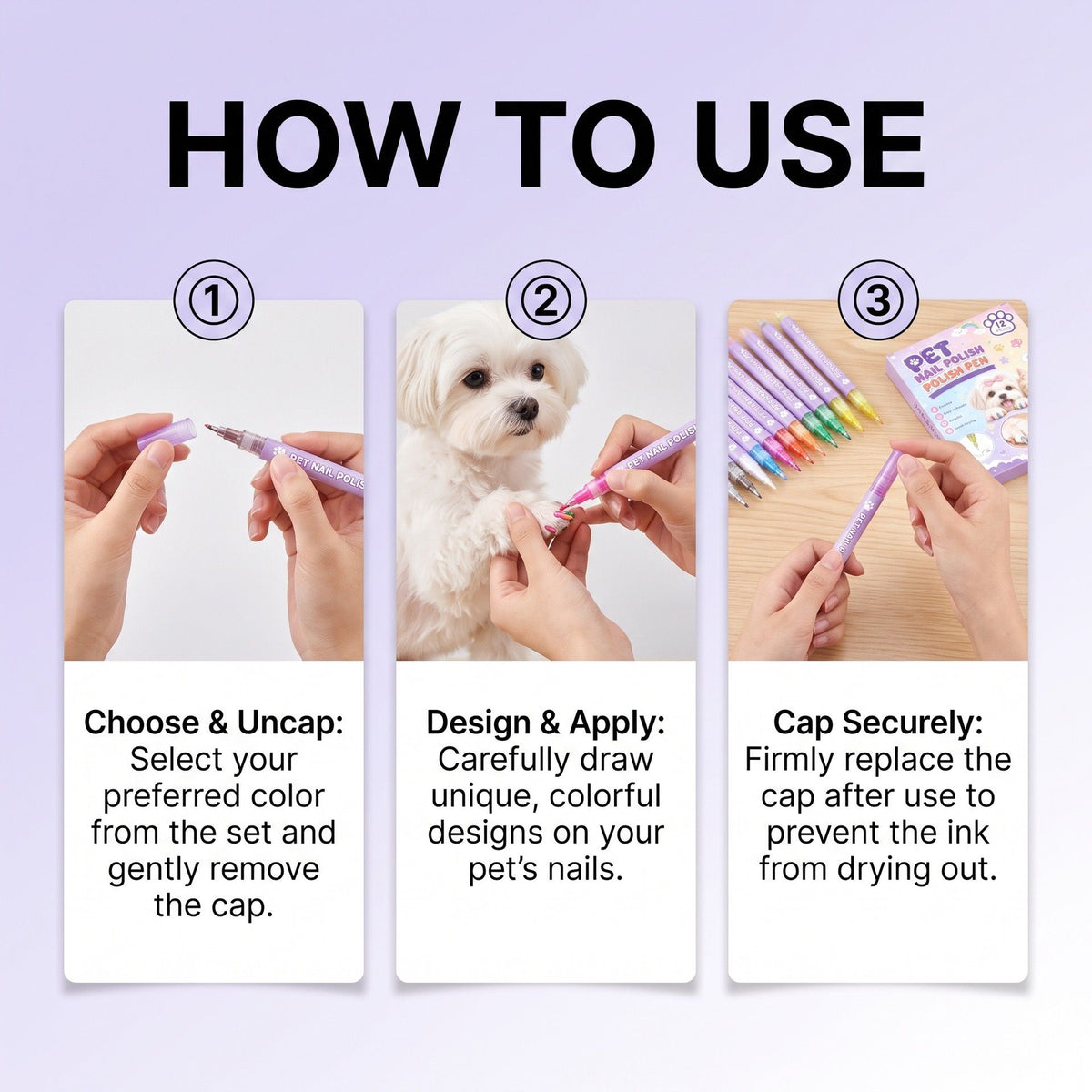 12-Piece Pet Nail Art Pen Set – Safe, Vibrant, and Easy-to-Use Color Pens for Cat and Dog Claw Decoration, Perfect for Home Grooming or Professional Pet Salon Styling with Long-Lasting, Non-Toxic Formula (Lavender)