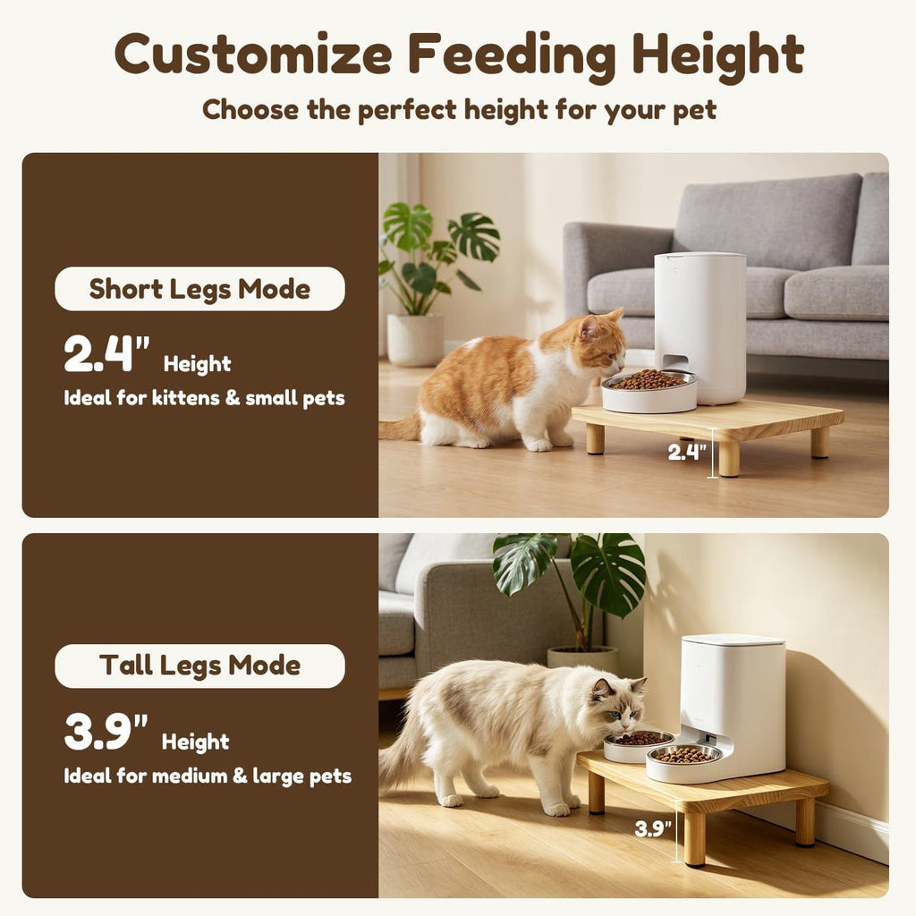 Elevate Your Pet’s Dining Experience with a Natural Pine Wood Feeder Stand, Featuring Two Interchangeable Leg Heights for Puppies to Large Breeds, Compatible with Most Automatic Feeders, and Designed to Promote Healthier Posture While Complementing Modern