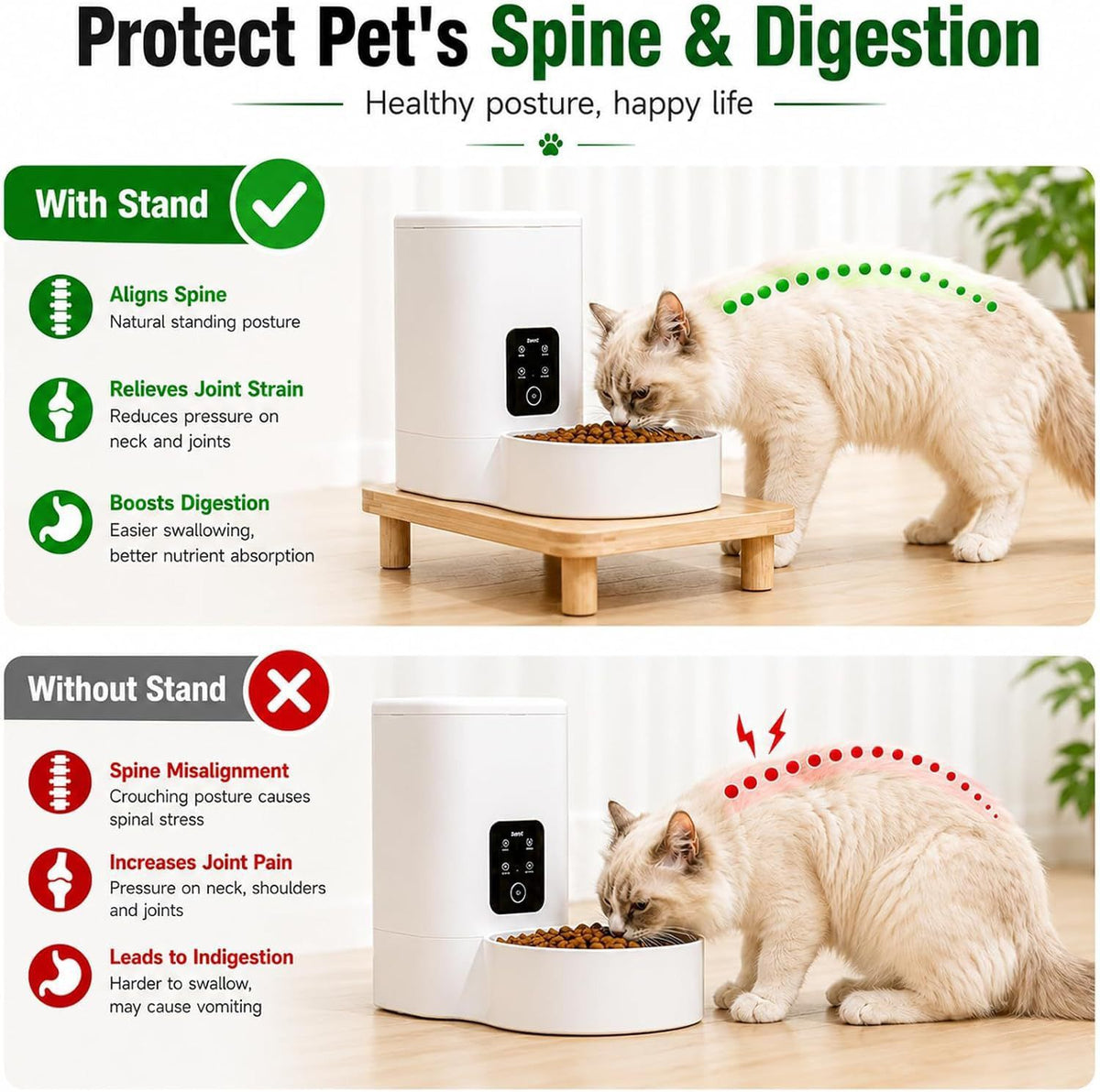 Elevate Your Pet’s Dining Experience with a Natural Pine Wood Feeder Stand, Featuring Two Interchangeable Leg Heights for Puppies to Large Breeds, Compatible with Most Automatic Feeders, and Designed to Promote Healthier Posture While Complementing Modern