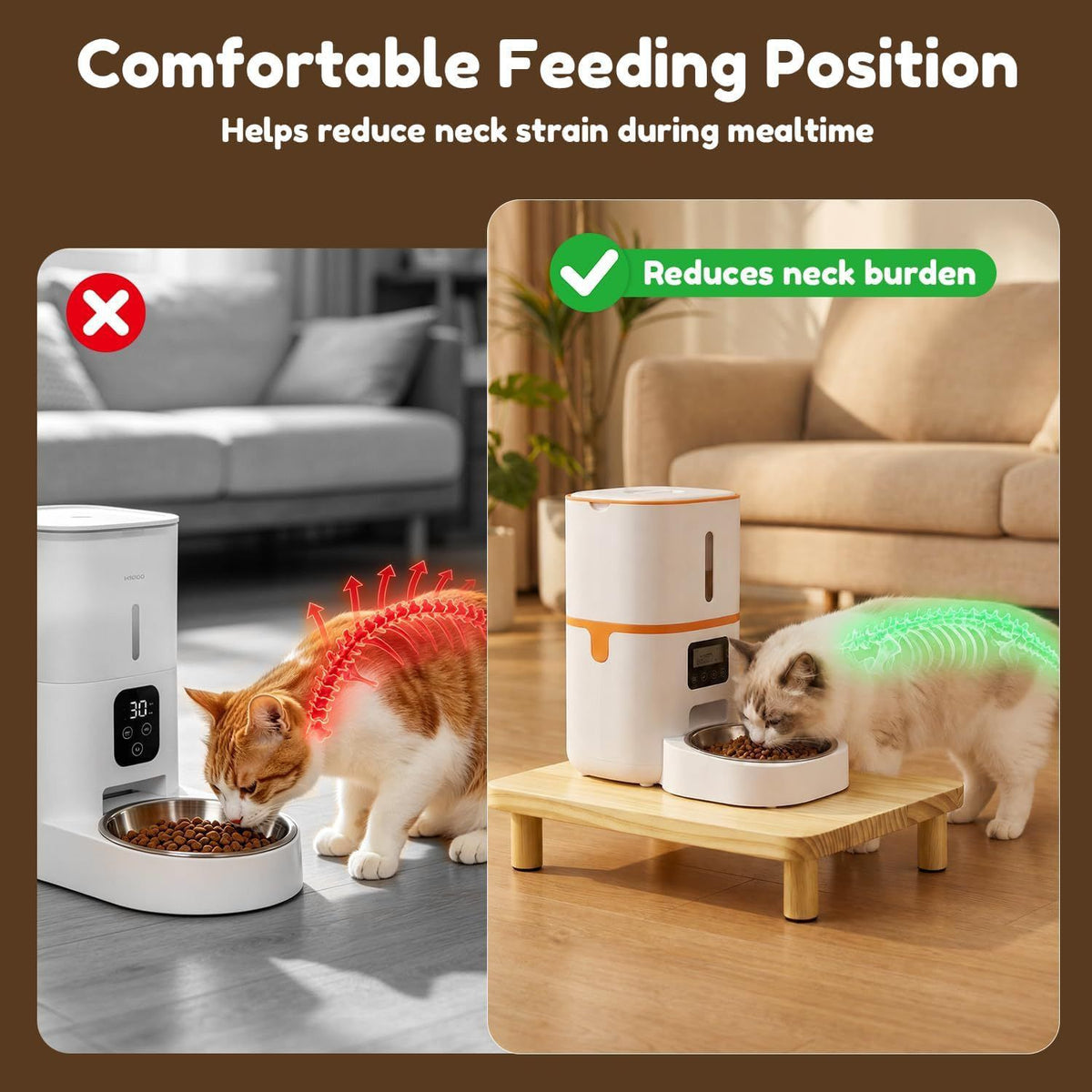 Elevate Your Pet’s Dining Experience with a Natural Pine Wood Feeder Stand, Featuring Two Interchangeable Leg Heights for Puppies to Large Breeds, Compatible with Most Automatic Feeders, and Designed to Promote Healthier Posture While Complementing Modern