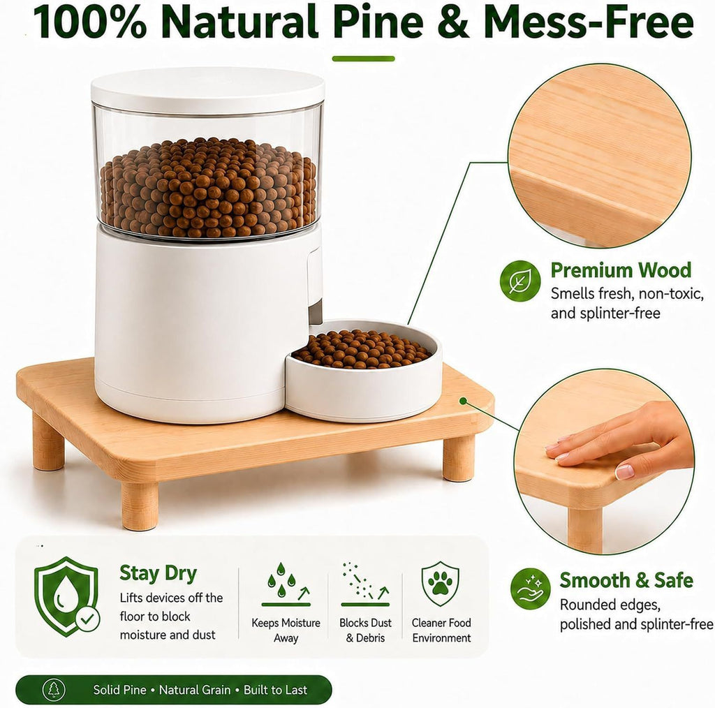 Elevate Your Pet’s Dining Experience with a Natural Pine Wood Feeder Stand, Featuring Two Interchangeable Leg Heights for Puppies to Large Breeds, Compatible with Most Automatic Feeders, and Designed to Promote Healthier Posture While Complementing Modern