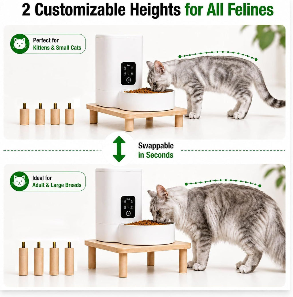 Elevate Your Pet’s Dining Experience with a Natural Pine Wood Feeder Stand, Featuring Two Interchangeable Leg Heights for Puppies to Large Breeds, Compatible with Most Automatic Feeders, and Designed to Promote Healthier Posture While Complementing Modern