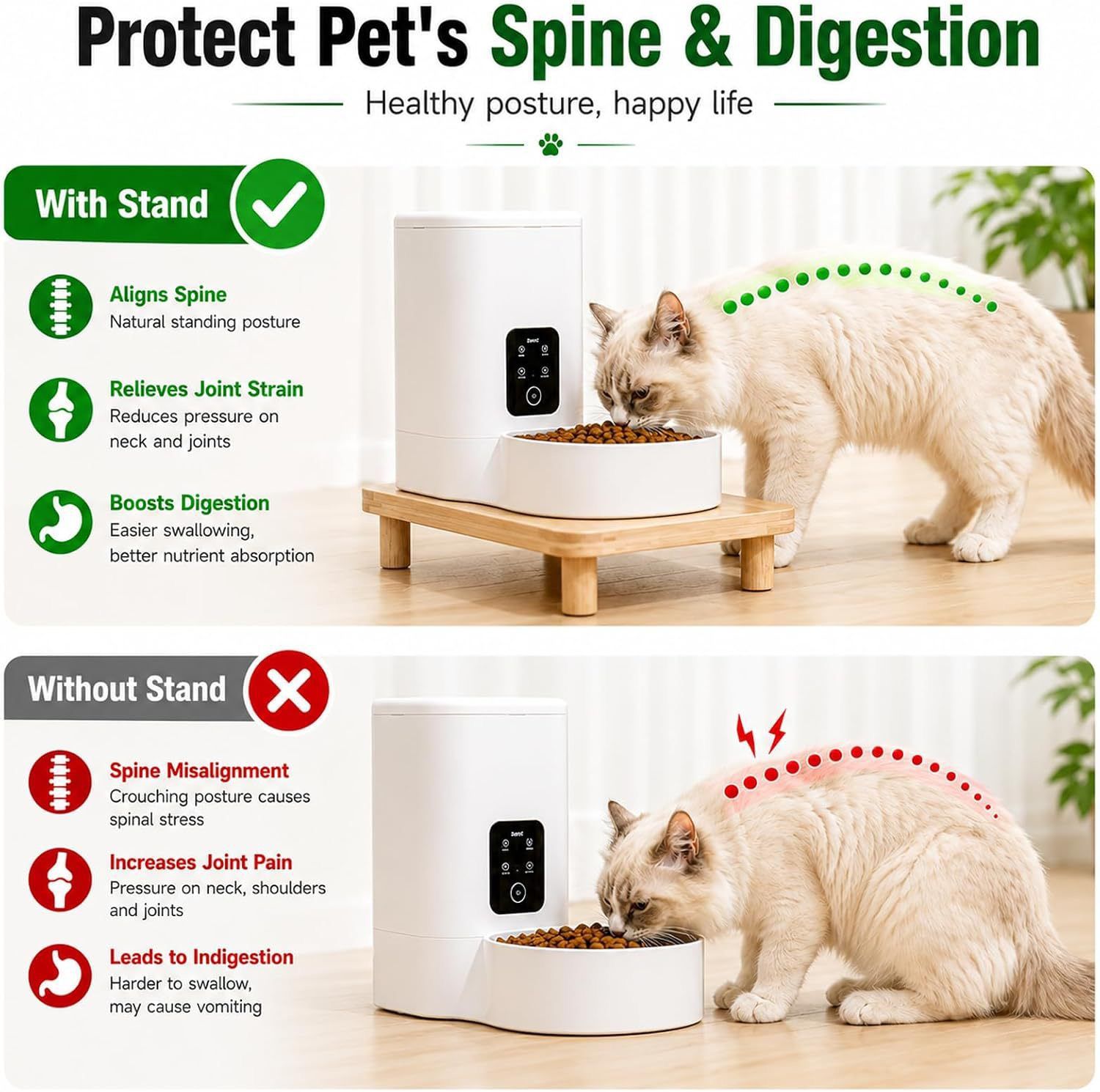 Elevate Your Pet’s Dining Experience with a Natural Pine Wood Feeder Stand, Featuring Two Interchangeable Leg Heights for Puppies to Large Breeds, Compatible with Most Automatic Feeders, and Designed to Promote Healthier Posture While Complementing Modern