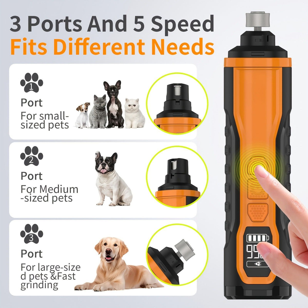 Cordless Electric Pet Nail Grinder with Adjustable 5-Speed Control, Ultra-Quiet Motor, LCD Display, and Dual LED Lights – Safe, Smooth Grooming for Dogs and Cats of All Sizes (2 Diamond Grinding Heads)