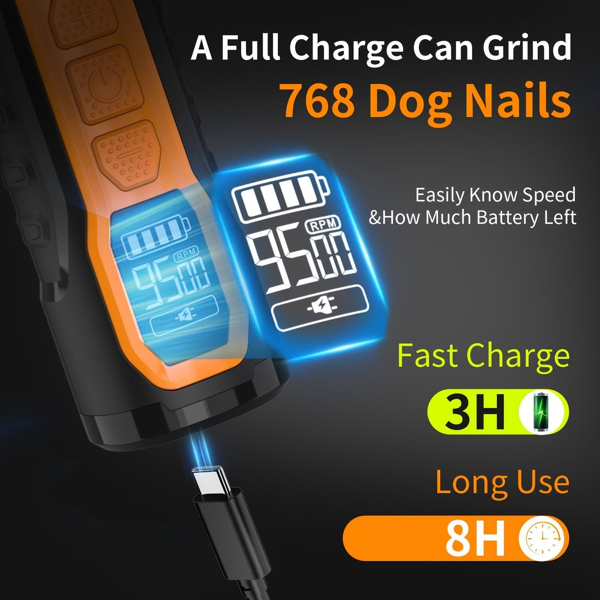 Cordless Electric Pet Nail Grinder with Adjustable 5-Speed Control, Ultra-Quiet Motor, LCD Display, and Dual LED Lights – Safe, Smooth Grooming for Dogs and Cats of All Sizes (2 Diamond Grinding Heads)