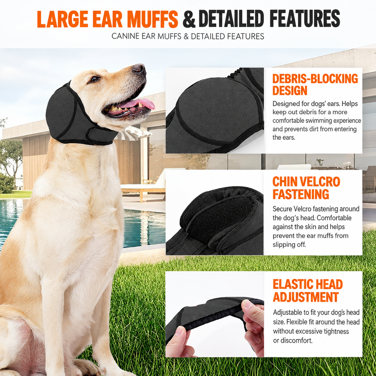 Dog Ear Covers Waterproof Swim Head Wrap Noise Reduction Calming Hood for Anxiety Relief and Ear Protection During Outdoor Activities (L, Beige)