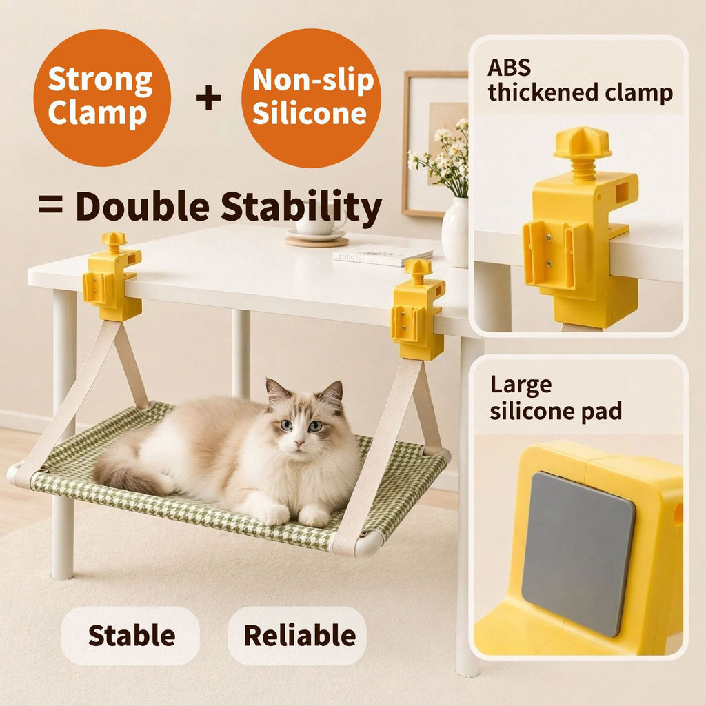 Clamp-On Hanging Cat Hammock – Space-Saving Elevated Pet Bed with Breathable Tweed Fabric, Tool-Free Desk & Shelf Mount, Perfect Resting Spot for Cats and Small Dogs Up to 33 lbs (Green)