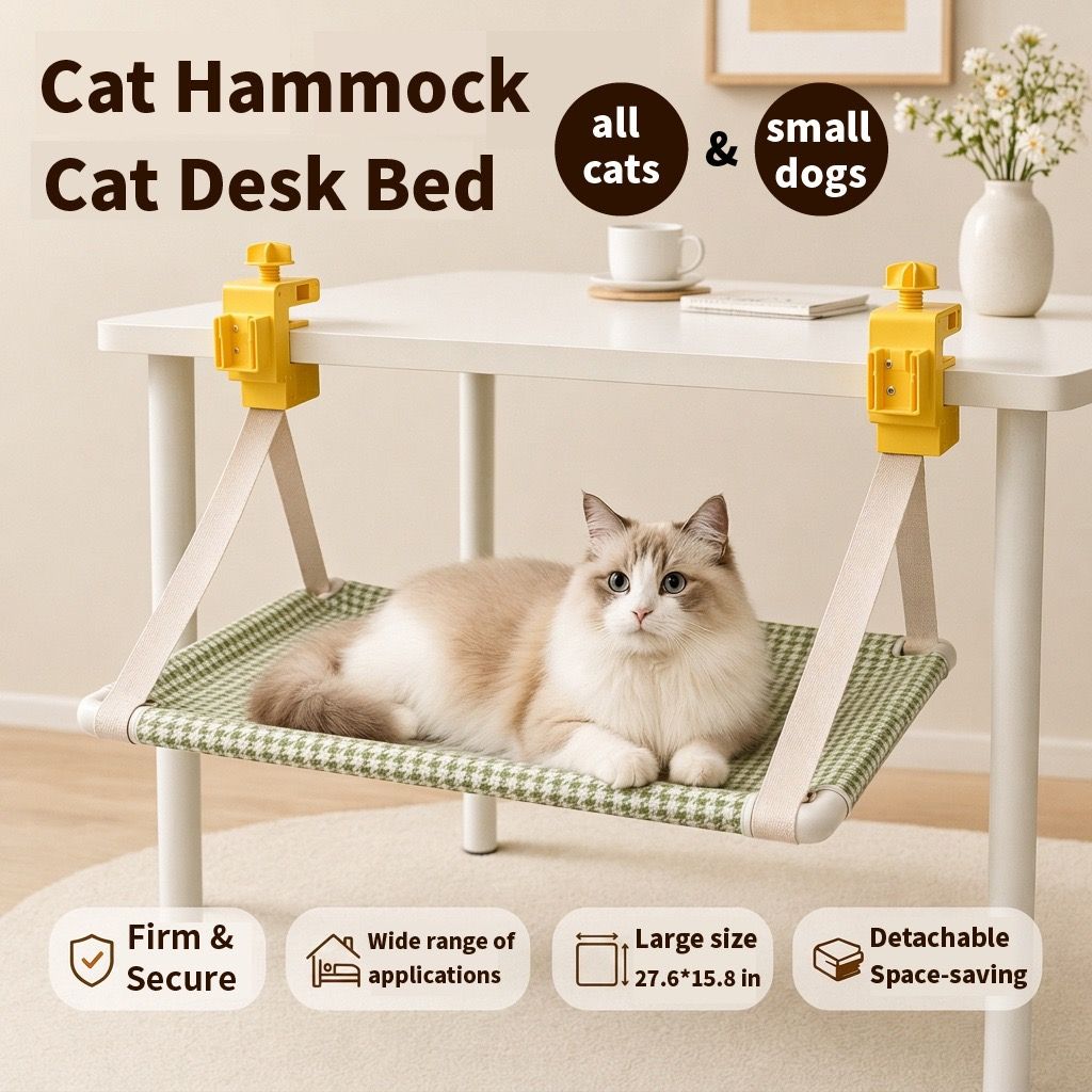 Clamp-On Hanging Cat Hammock – Space-Saving Elevated Pet Bed with Breathable Tweed Fabric, Tool-Free Desk & Shelf Mount, Perfect Resting Spot for Cats and Small Dogs Up to 33 lbs (Grey)