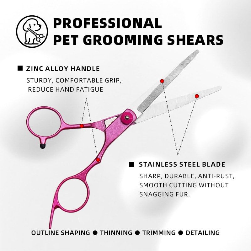 Professional Pet Grooming Scissors Set for Dogs & Cats – Includes Straight, Curved, Thinning Shears, Nail Clippers, and Comb in a Stylish Pink Case for Home Grooming and Salon-Quality Trimming