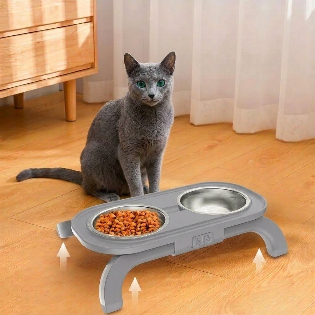 Adjustable Height Pet Food Bowl with Stainless Steel Double Bowls, Ergonomic Raised Cat Feeder for Indoor Cats and Small Dogs, Anti-Slip, Anti-Tip, and Easy-to-Clean Design (Grey)
