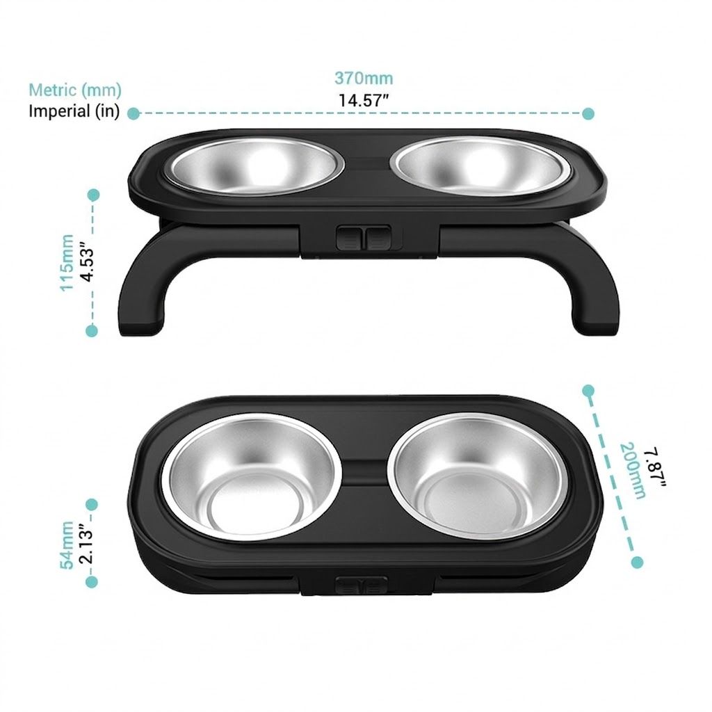 Adjustable Height Pet Food Bowl with Stainless Steel Double Bowls, Ergonomic Raised Cat Feeder for Indoor Cats and Small Dogs, Anti-Slip, Anti-Tip, and Easy-to-Clean Design (Grey)