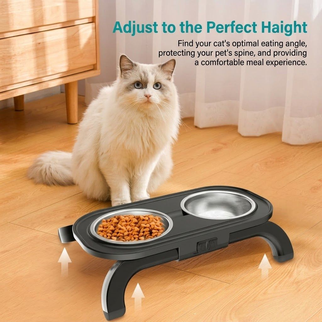 Adjustable Height Pet Food Bowl with Stainless Steel Double Bowls, Ergonomic Raised Cat Feeder for Indoor Cats and Small Dogs, Anti-Slip, Anti-Tip, and Easy-to-Clean Design (Grey)