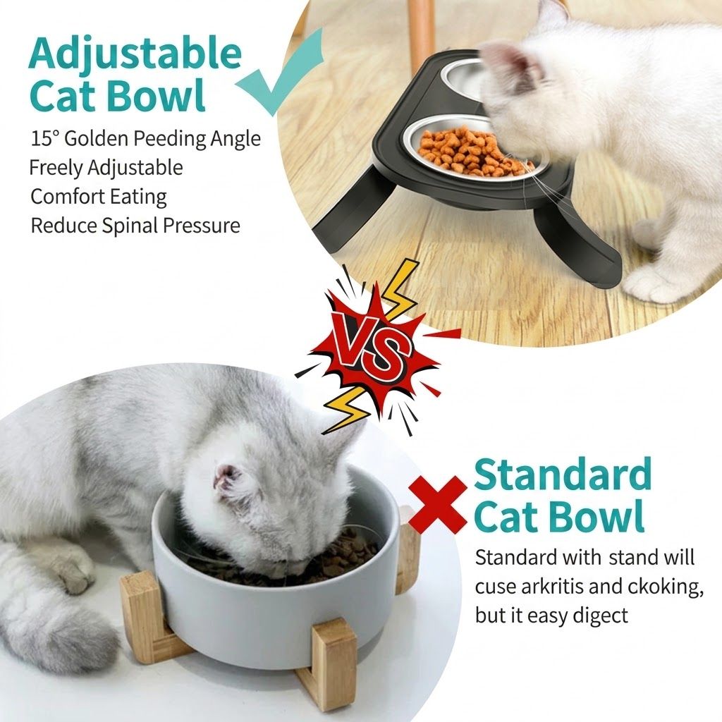 Adjustable Height Pet Food Bowl with Stainless Steel Double Bowls, Ergonomic Raised Cat Feeder for Indoor Cats and Small Dogs, Anti-Slip, Anti-Tip, and Easy-to-Clean Design (Grey)