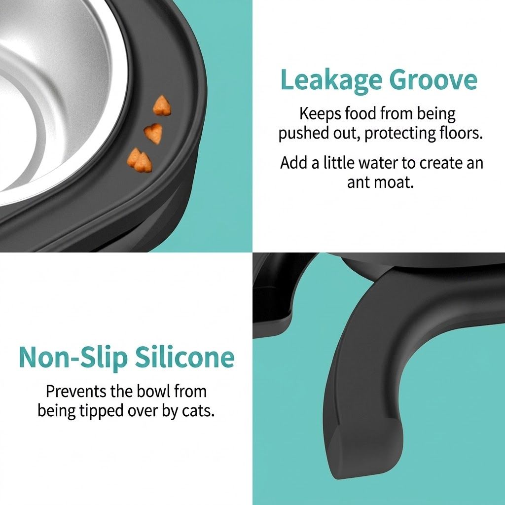 Adjustable Height Pet Food Bowl with Stainless Steel Double Bowls, Ergonomic Raised Cat Feeder for Indoor Cats and Small Dogs, Anti-Slip, Anti-Tip, and Easy-to-Clean Design (Grey)