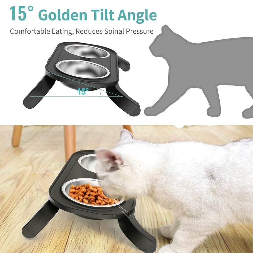 Adjustable Height Pet Food Bowl with Stainless Steel Double Bowls, Ergonomic Raised Cat Feeder for Indoor Cats and Small Dogs, Anti-Slip, Anti-Tip, and Easy-to-Clean Design (Grey)
