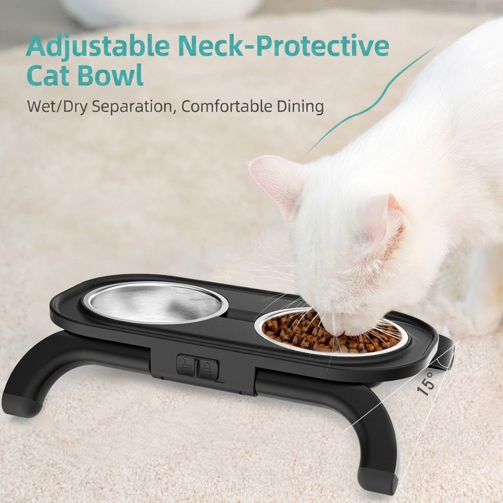 Adjustable Height Pet Food Bowl with Stainless Steel Double Bowls, Ergonomic Raised Cat Feeder for Indoor Cats and Small Dogs, Anti-Slip, Anti-Tip, and Easy-to-Clean Design (Grey)