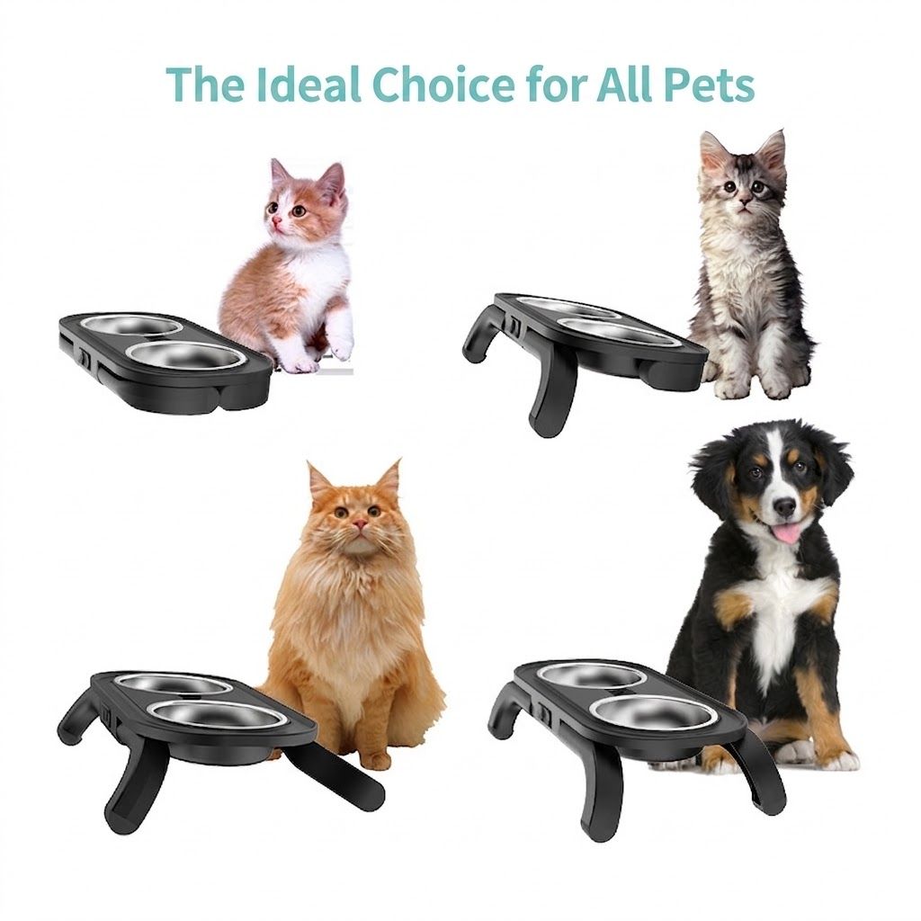 Adjustable Height Pet Food Bowl with Stainless Steel Double Bowls, Ergonomic Raised Cat Feeder for Indoor Cats and Small Dogs, Anti-Slip, Anti-Tip, and Easy-to-Clean Design (Grey)