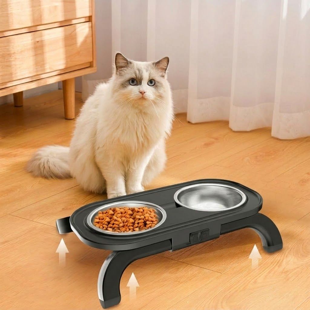 Adjustable Height Pet Food Bowl with Stainless Steel Double Bowls, Ergonomic Raised Cat Feeder for Indoor Cats and Small Dogs, Anti-Slip, Anti-Tip, and Easy-to-Clean Design (Grey)