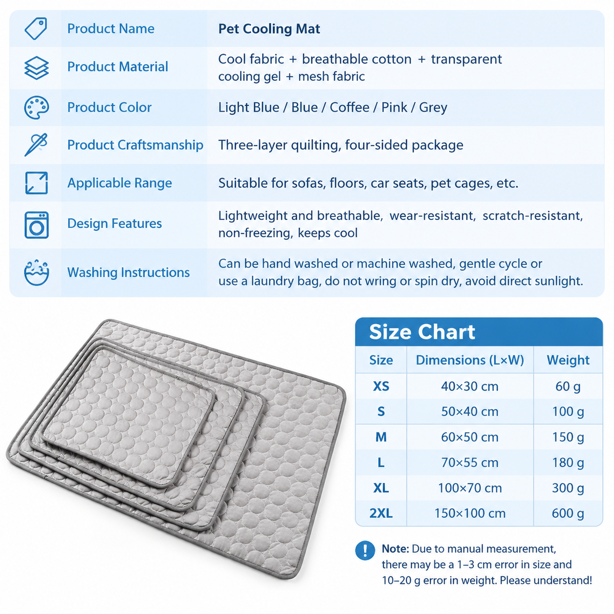 Cooling Pet Mat for Dogs and Cats, Summer Heat Relief Bed Pad with Breathable Mesh and Soothing Gel Layer, Ideal for Sofa Floor Crate Car Seat and Outdoor Use (Blue, S)