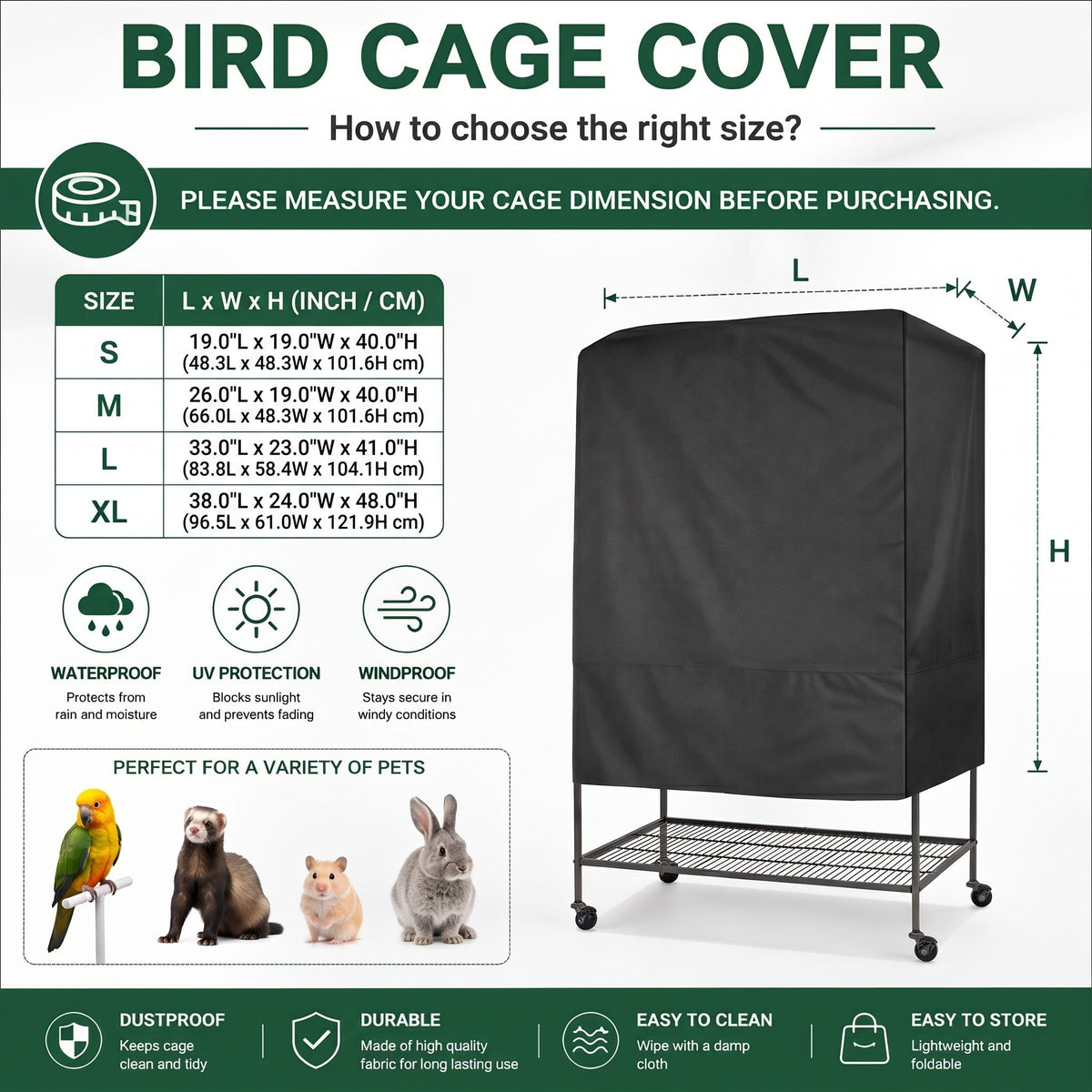 Durable Square Bird Cage Cover for Indoor and Outdoor Use, Waterproof Oxford Fabric Pet Cage Cover for Small Animals, Protects Cages from Dust, Wind, and Sunlight (420D Black Oxford, L)
