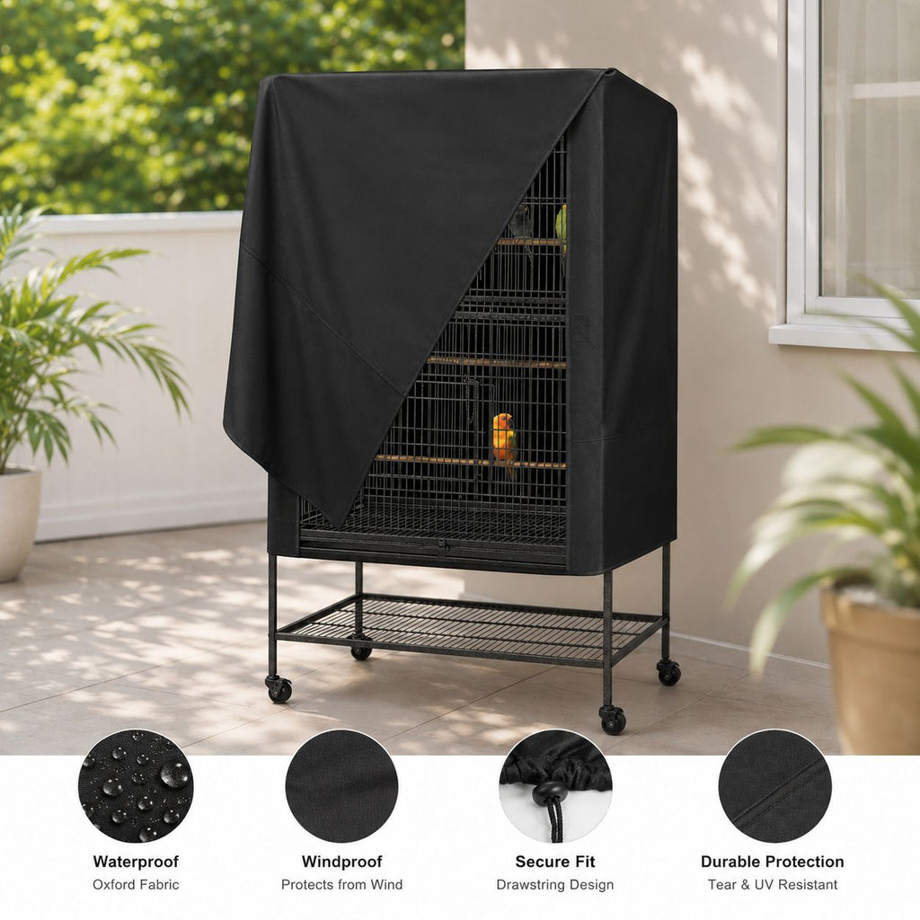 Durable Square Bird Cage Cover for Indoor and Outdoor Use, Waterproof Oxford Fabric Pet Cage Cover for Small Animals, Protects Cages from Dust, Wind, and Sunlight (420D Black Oxford, L)
