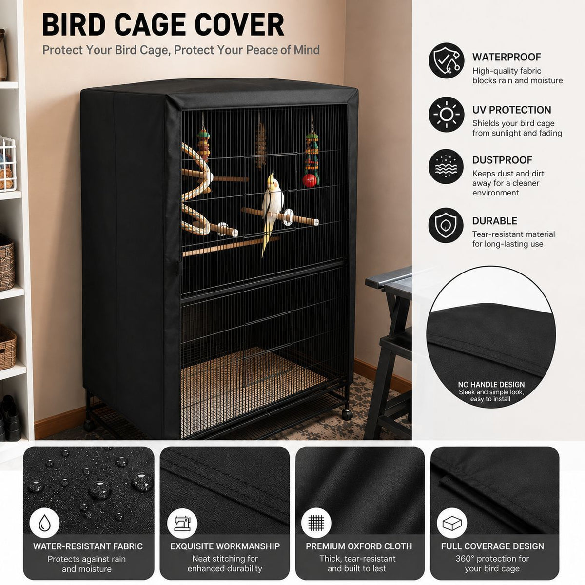 Durable Square Bird Cage Cover for Indoor and Outdoor Use, Waterproof Oxford Fabric Pet Cage Cover for Small Animals, Protects Cages from Dust, Wind, and Sunlight (420D Black Oxford, L)