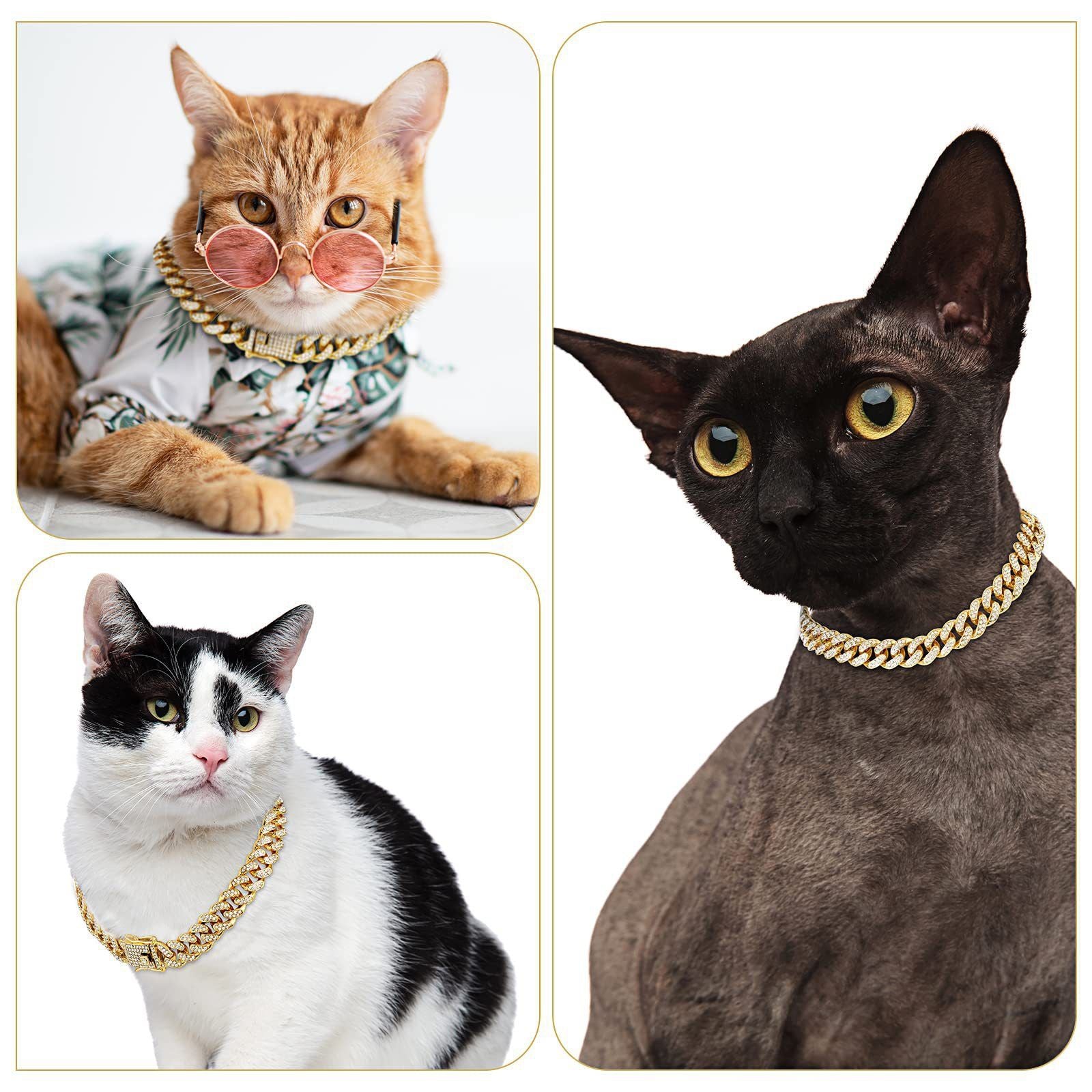 Sparkling Diamond-Studded Cuban Chain Pet Collar – Hip-Hop Bling Necklace for Cats and Small Dogs, Adjustable Fit, Gold, Silver, Rose Gold, or Pink Crystal Accents, Bold Fashion Statement for Your Furry Trendsetter (Gold, 35cm（14in）)